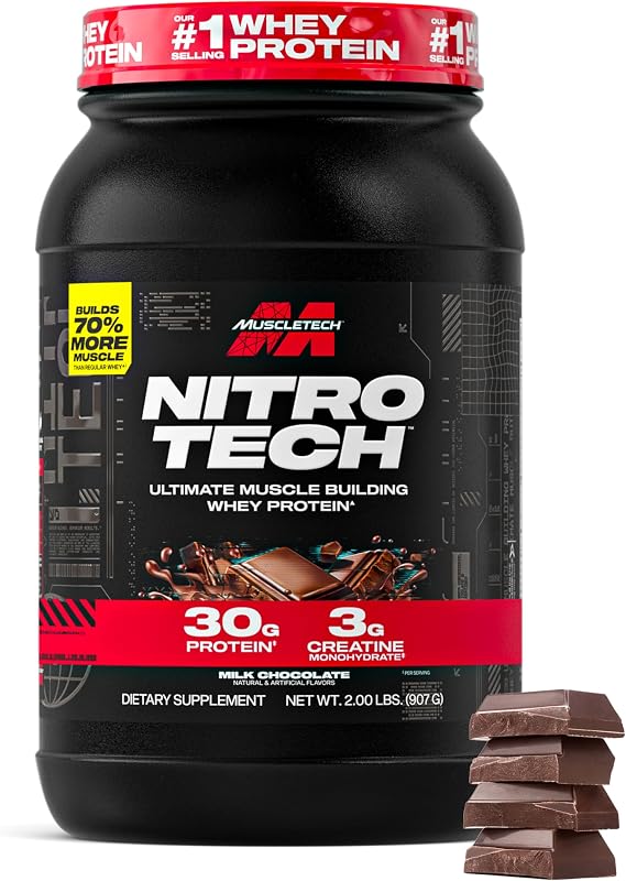 Muscletech Whey Protein Powder Milk Chocolate, 2 Pound - Nitro-Tech Ultimate Muscle Building Formula with Whey Protein Isolate - 30g of Protein, 3g of Creatine & 6.8g of BCAA - Packaging May Vary