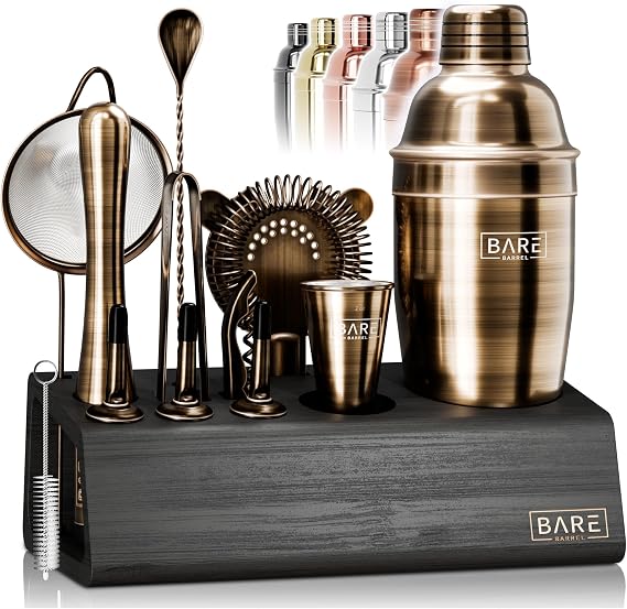 BARE BARREL Mixology Bartender Kit Bar Set | 14-Piece Cocktail Shaker Set | Martini Barware Mixing Tools for Home Bartending | Incl. 35 Recipe Cards | Gift Set (24oz Cobbler Shaker, Brass/Black)