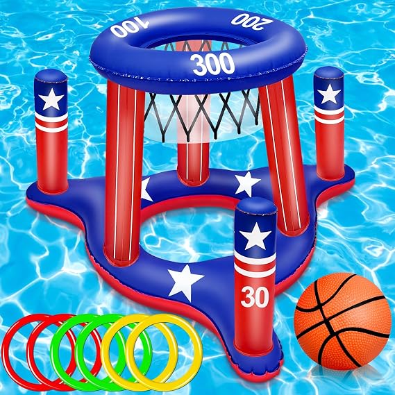 American Flag Pool Toys Games for Teens Adult, 250th Anniversary 2-in-1 Floating Basketball Hoop Inflatable Cross Ring Toss Games Set Summer Swimming Pool Water Games Toys 4th of July Party Favors