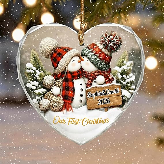 Personalized Couple Snowman Glass Ornament 2026, Our First Christmas Together Ornaments, Custom Name Ornament for Newlyweds, Married Couples, Christmas Tree Gift Decoration