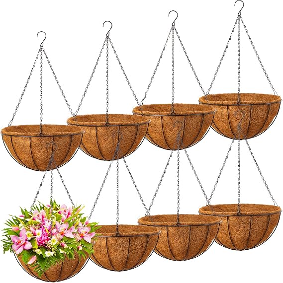 8 Pcs 14 Inch Hanging Baskets for Plants Outdoor with Metal Wire Frame and Coconut Coir Liners, Round Wire Hanging Baskets with Chain for Patio Garden Porch Decoration