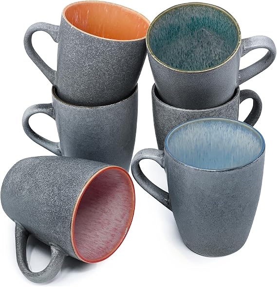 BTaT- Porcelain Coffee Mugs Set, 12 oz (350ml), 6 Pack, Ceramic Coffee Mugs, Matte Black Outside and Colorful Inside, Restaurant Cups for Tea, Cappuccino, Cocoa, Cereal, Mug Gift Set, Dishwasher Safe