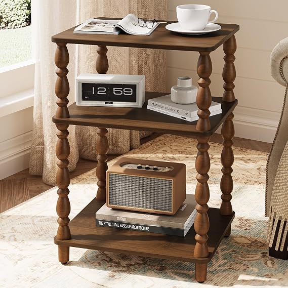 Yoobure Small Side Table - Walnut End Tables Living Room with Spindle Legs | Vintage Night Stand with 3-Tier Storage Shelf, Wood Nightstand for Bedroom, Bedside Table for Narrow Spaces