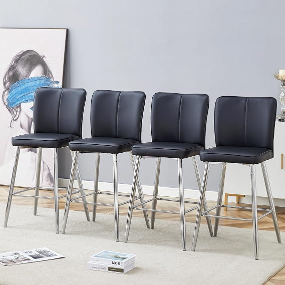 JUFU Black Bar Stools Set of 4,24 Inch Counter Height Bars Tools with Wide Backs,Modern Kitchen Island Chairs Set of 4 with Upholstered Leather Cushion (Set 4)