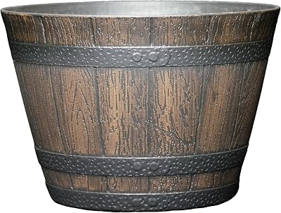 Classic Home & Garden Whiskey Barrel Planters - Wood Finish Flower Planter Pot - Decorative Garden Pots - Indoor & Outdoor Resin Planters - Weather-Resistant Planting Pots 9 Walnut Brown, Pack of 1