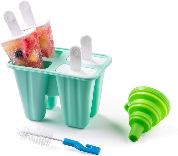Silicone Popsicle Molds Silicone Ice Pop Molds BPA Free Popsicle Mold Reusable Easy Release Ice Pop Maker with Silicone Funnel & Cleaning Brush (4 Cavity, Green)