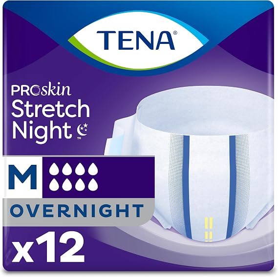 Tena Proskin Overnight Incontinence Stretch Briefs, Unisex, Medium, 12 ct | Designed with flexible stretch sides, these adult diapers can be easily