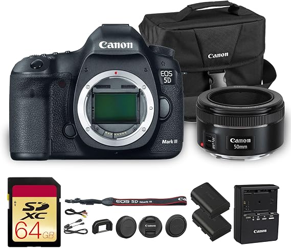 Canon EOS 5D Mark III DSLR Camera | 22.3MP Full-Frame CMOS Sensor, DIGIC 5+ Processor & Full HD Video | for Weddings, Portraits & Events (5260B002) + Canon EF 50mm f/1.8 STM Lens + 64GB Card + More