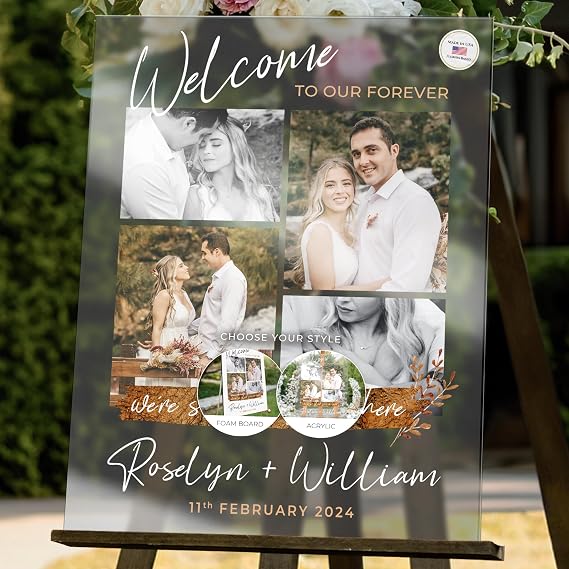 24x18" Personalized Wedding Welcome Sign with Photo and Text, Custom Reception Sign in Acrylic, Foam Board, or Coroplast (Design 7)
