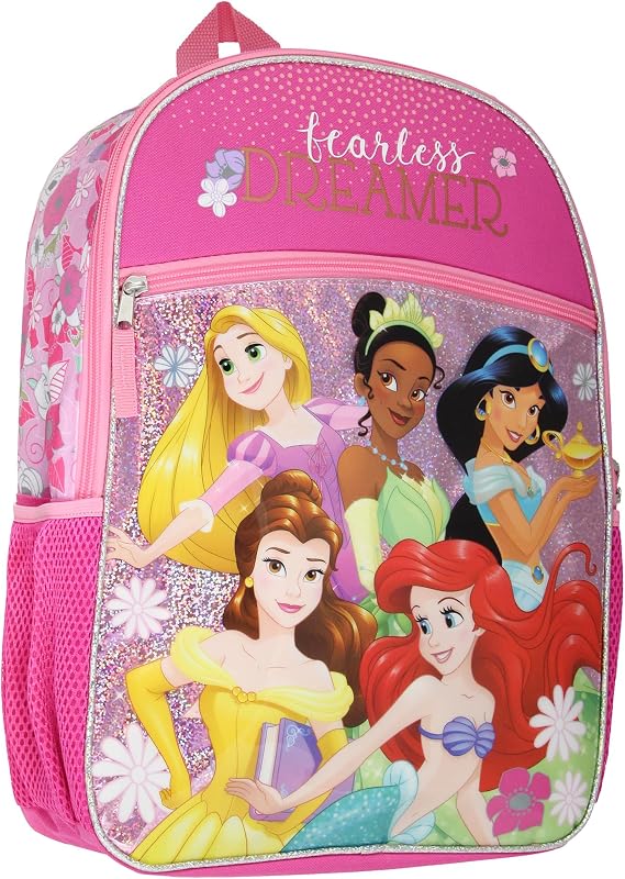 Disney Princess Fearless Dreamer Rapunzel Jasmine Belle Ariel Tiana Pink 16" School Travel Backpack