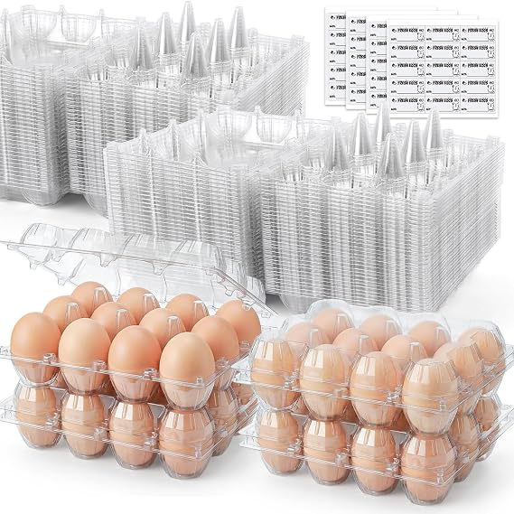 HANSGO 60 PCS Plastic Egg Cartons Cheap Bulk with Date Labels, 12 Count | Clear Reusable Egg Containers for Fresh, Medium Eggs Storage, Suitable for Farms, Families, Markets Display