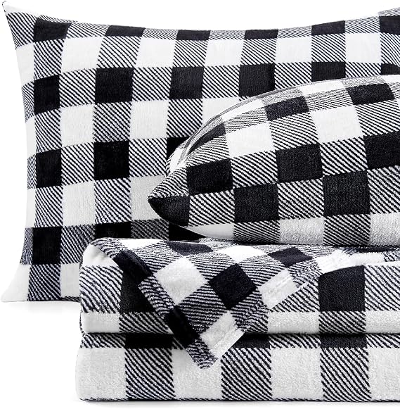 BEDELITE Plaid Fleece Sheet Set, Queen Size, Black and White, 4 Pieces