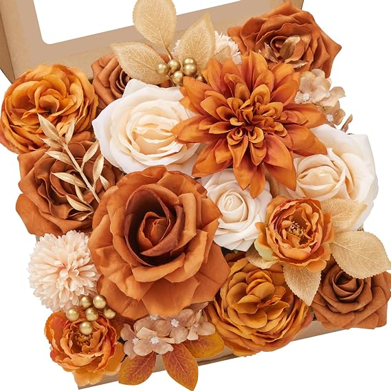 Alecono Orange Artificial Flowers, Silk Fake Fall Floral Set | for DIY Wedding Bridal Bouquets, Cake Decor, Table Centerpiece, Baby Shower & Home Party Decorations