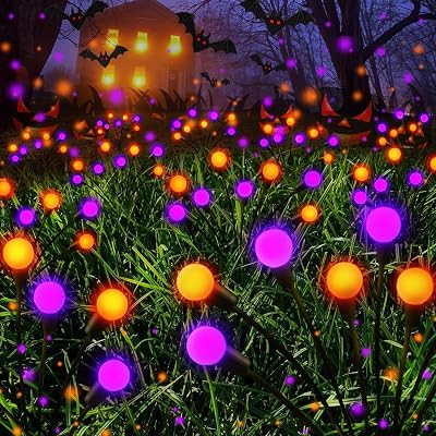 Albelt Halloween Decorations Outdoor, 6 Pack Solar Firefly Lights Outdoor, 48 LED Solar Halloween Lights, Waterproof Swaying Garden Light Sway by Wind for Outside Pathway Decor Orange and Purple