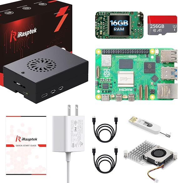 iRasptek Starter Kit for Raspberry Pi 5 16GB RAM - Pre-Loaded with 256GB Edition Pi OS-Bookworm (Aluminum Case)