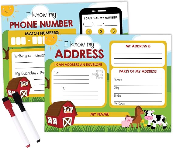 Dry Erase Practice Worksheet I Know My Address, I Know My Phone Number - Preschool, Kindergarten Laminated Worksheet, Homeschool Activities for Kids with 2 Dry Erase Markers