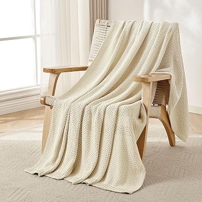 Joydeco Chunky Cable Knit Throw Blanket, Lightweight 100% Cotton Soft Cozy Throw Twin Blanket for Couch Bed and Sofa, Rustic Breathable Farmhouse Blanket Gift for Women MenCream White, 60x80