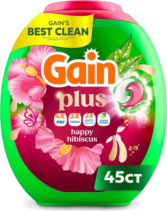 Gain Plus Flings Liquid Washing Detergent Pods, Gain's Best Clean, All-In-One, Happy Hibiscus Scent Laundry Pacs, 45 Count (Packaging May Vary)