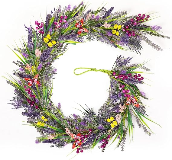 6.5 Ft Artificial Lavender Purple Garland Spring Summer Lavender Wild Flower Butterflies Wreath Swags Vine for Wedding Arch Porch Stair Table Indoor Door Home Mantle Fireplace All Year Decoration