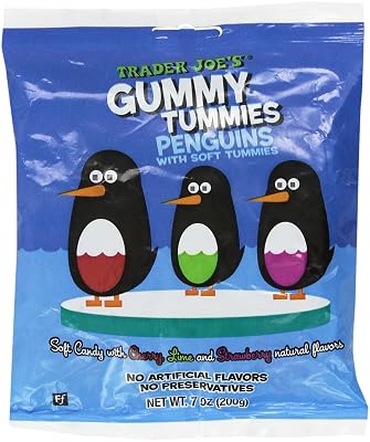 Trader Joes Gummy Tummies Penguins with Soft Tummies Soft Candy with Cherry ,Lime and Strawberry Natural Flavors Fat Free Made in France Simply Delicious !!!