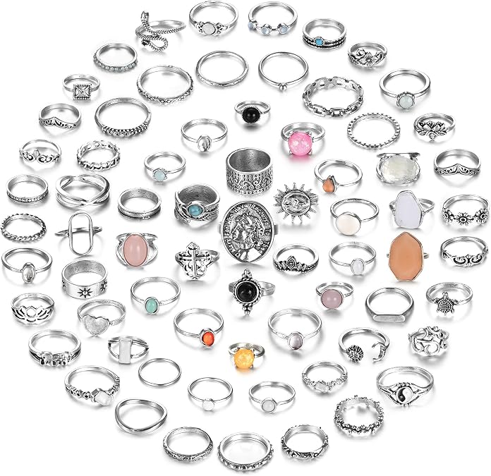 Subiceto 70 Pcs Vintage Crystal Ring Set for Women, Stackable Knuckle Rings