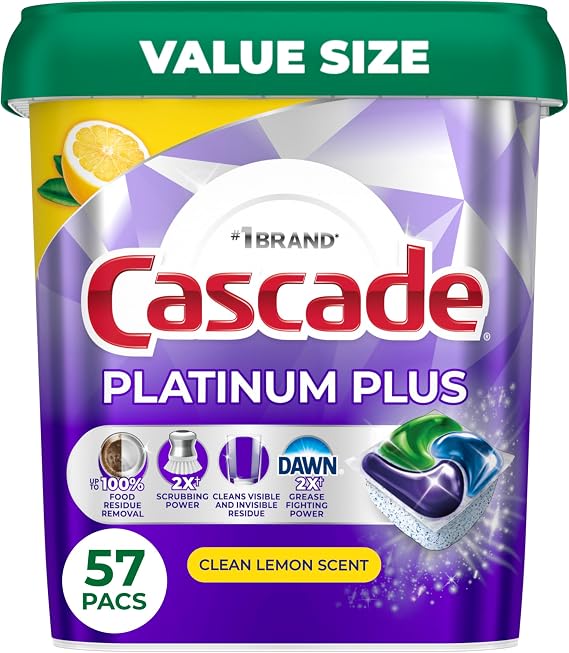 Cascade Platinum Plus Dishwasher Detergent Pods Dish Soap Lemon 57 Count | Removes up to 100% of grease and residue. Safe for pipes and dishwashers. No measuring needed. Spot-free shine.