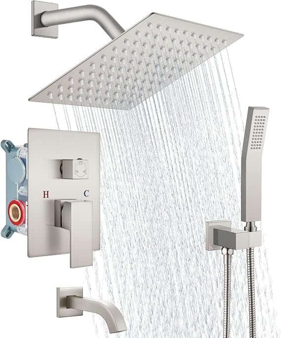 Aolemi Rainfall Shower System Shower Head Combo Set with Tub Filler Handheld Shower Luxury Rough-in Valve Included Wall Mount Bathroom Shower Mixer Faucet 8 Inch Shower Head Brushed Nickel