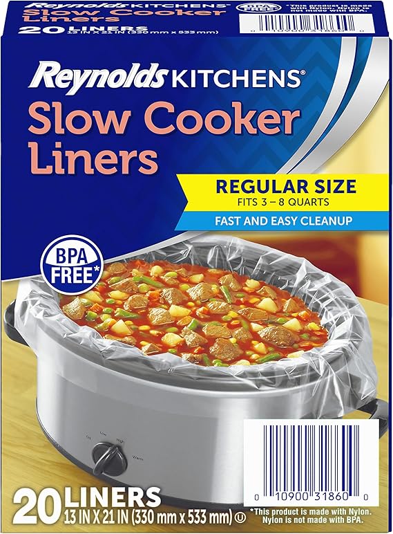 Reynolds Kitchens Slow Cooker Liners, Regular Size, Fits 3-8 Quarts, 20ct | Fits 3-8 Qt Round and Oval Slow Cookers, No-Scrub Cleanup, Food-Safe Nylon Blend Material, Heat-Resistant To 400F, BPA-Free