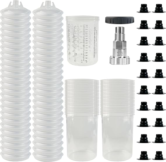 PORPHIS 使い捨てペイントカップ ポルフィス特殊スプレーガンアダプターキット付き - 800ml/27オンス - クリーンでない自動車用ミキシングカップ HVLP重力スプレーガン用 - 自動車ボディペイント用品50セット
