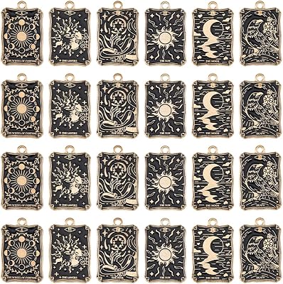 DICOSMETIC 24Pcs 6 Styles Tarot Charms Bulk Enamel Tarot Card Charms Alloy Tarot Pendant Gothic Moon Star Rectangle Charm Black Amulet Charm Vintage Magic Pendant for DIY Jewelry Making