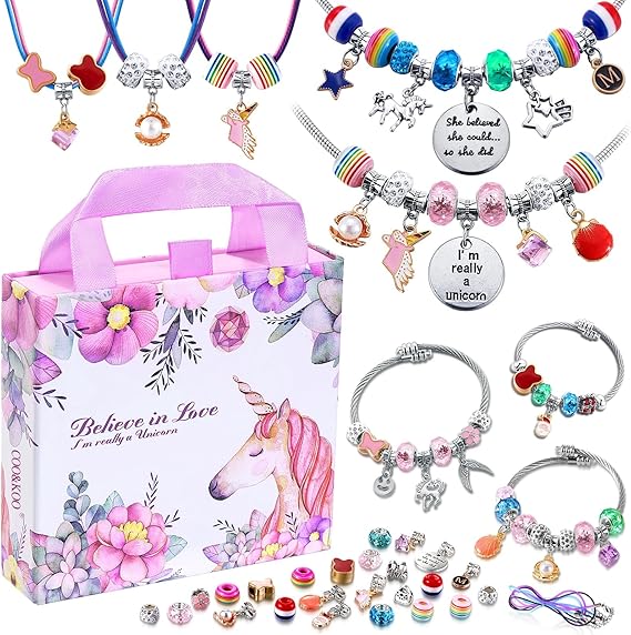 COO&KOO Charm Bracelet Making Kit, A Unicorn Girls Toy that Inspires Creativity and Imagination, Crafts for Girls Ages 8-12 with Jewelry Making Kit Perfect Gifts for 6 7 8 9 10 Girl Self-Expression!