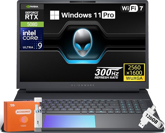 Alienware 18 Area-51 Gaming Laptop, NVIDIA RTX 5080 16GB GDDR7, Intel Ultra 9 275HX 5.4GHz, 18" WQXGA 300Hz 2.5K Display, 64 GB DDR5 RAM, 4 TB SSD, Wi-Fi 7, Quad Fan Cooling, 4K Camera, Win 11 Pro