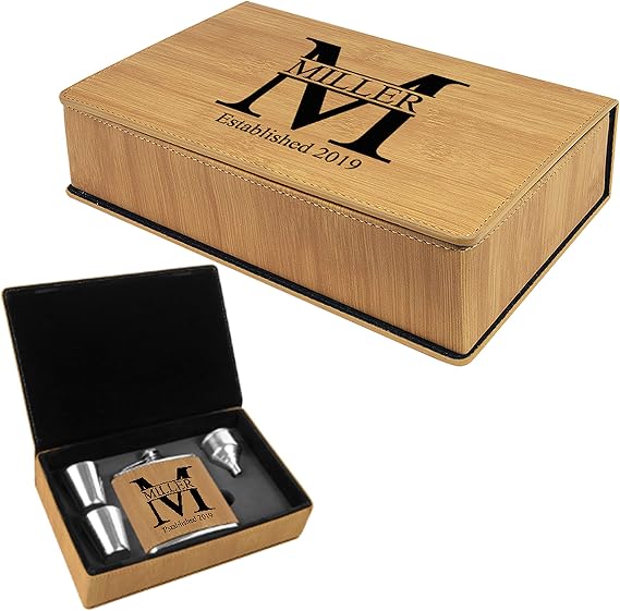 Personalized Leatherette Flask Gift Set | Custom Engraved (Bamboo)