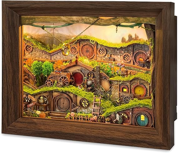 The Magic Ring Hamlet DIY Miniature House Shadow Box Kit | 3D Wooden Puzzle with Lights & Dust Cover, Book Nook Kits for Adults, Creative Framed Bookshelf Decor & Gift