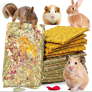 10 Pcs Rabbit Chew Toys 2 in 1 Bunny Treats Timothy Hay Chips with Apple Carrot Herbal Flowers Snack for Guinea Pig Chinchilla Hamster Teeth Grinding Dental Care Small Animal Food