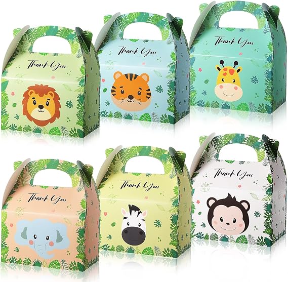 Marspark 12 Pack Safari Goodie Bags Jungle Party Favor Boxes 6 Animal Designs Zoo Theme Treat Goodie Candy Gift Bags for Kids Birthday Wild Baby Shower Party Supplies Decorations