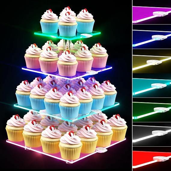 weddingwish 4 Tier LED Cupcake Stand, Clear Acrylic Cupcake Tower with Rechargeable Light, Cupcake Holder for 50 Cupcakes, Cupcake Dessert Display Stand for Parties,Weddings,Birthdays,Baby Shower