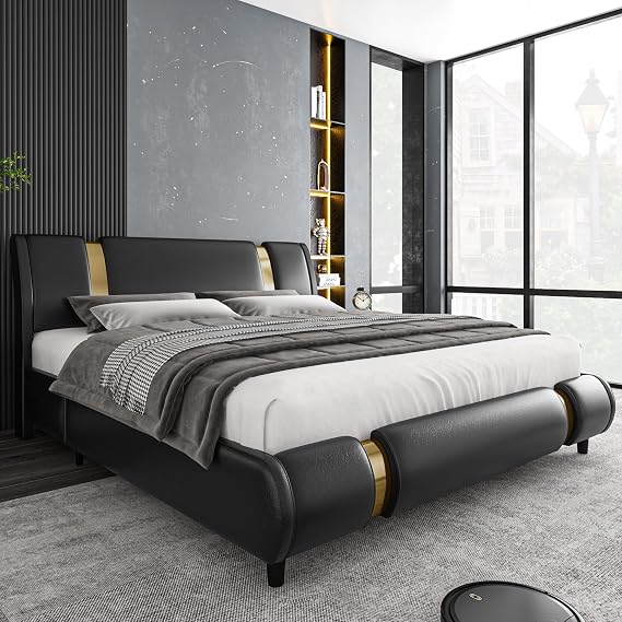 TTVIEW Modern Faux Leather Upholstered Platform Bed Frame with Golden Iron Metal Decor, Adjustable Curved Headboard, Wooden Slats Support, No Box Spring Needed, Queen Size, Black