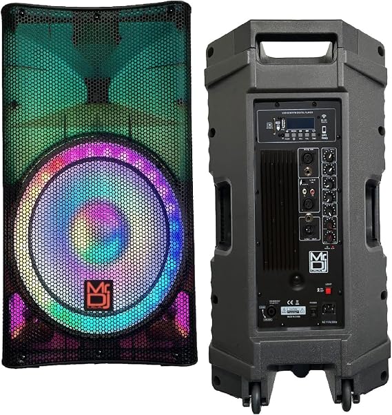 2 Mr. Dj PLED5000 + 2 Speaker Stand 2-Way 15" Portable Active Powered PRO PA DJ Speaker Bluetooth FM USB Sd Karaoke & Smart App + 2 Speaker Stand