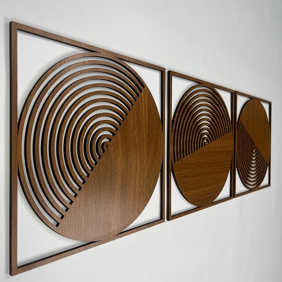 Round Boho Wall Art Wood Decor, Set of 3 Mid Century Modern Wood Wall Decoration, Aesthetic Wall Decor, Large Living Room Wooden Wall Art