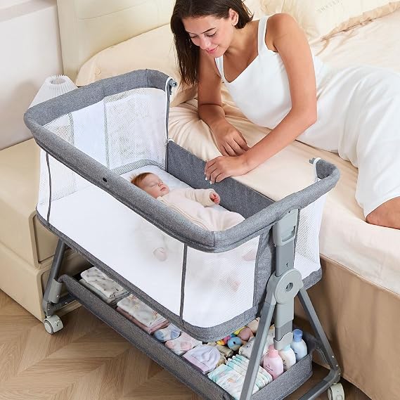 Grobeybees 3-in-1 Bedside Bassinet for Baby, Height Adjustable Bedside Sleeper with Breathable Mesh, Storage Basket & Wheels, Easy Assembly, Includes Mattress Grey