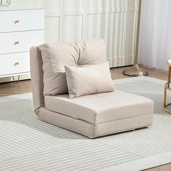HOMCOM Folding Sofa Bed Convertible Sleeper Chair with Pillow Beige