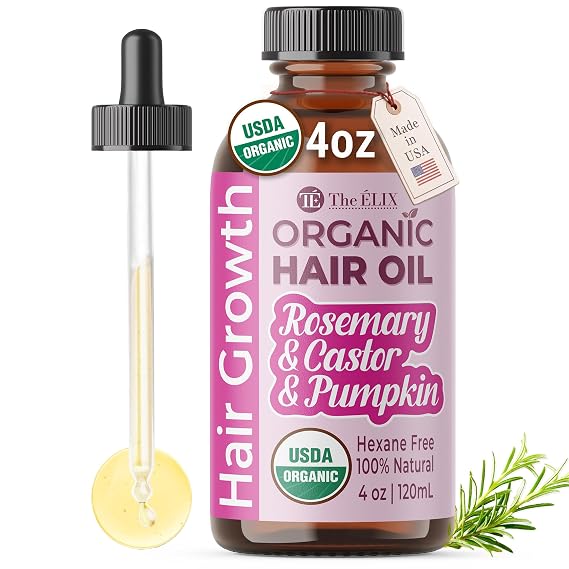 The ELIX USDA Organic Rosemary Oil for Hair Growth | Thickening Formula with Castor & Pumpkin Seed | for Hair Loss & Thinning | Made in USA | 4oz
