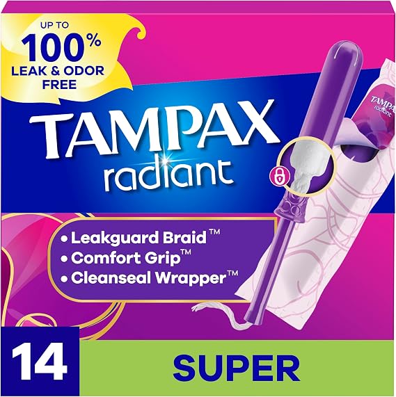 Tampax Radiant Tampons, #1 Tampon Brand, with LeakGuard Braid, Super Absorbency, Up to 100% Leak and Odor Free Protection, Unscented, 14 Count