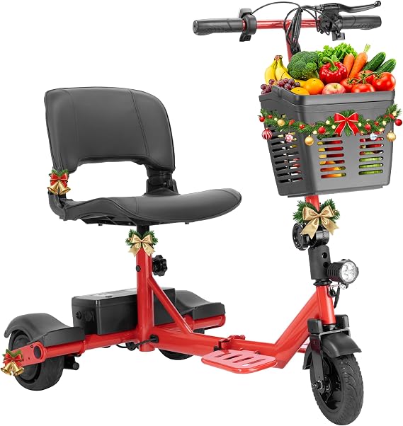 Mobility Scooter for Adults - 3 Wheel Mobility Scooters for Seniors - Foldable, Portable, Travel Friendly - 15 Mile Range, 330 Lbs Capacity - Adjustable Seat, Handle & Headlight (Red)
