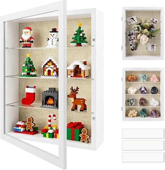 11x14 Shadow Box Display Cases with Removable Clear Shelves, Glass Door Memory Box, White Deep Shadow Box Frame with DIY Light Strip for Keepsake Collectibles, Wedding Bouquet, Photos