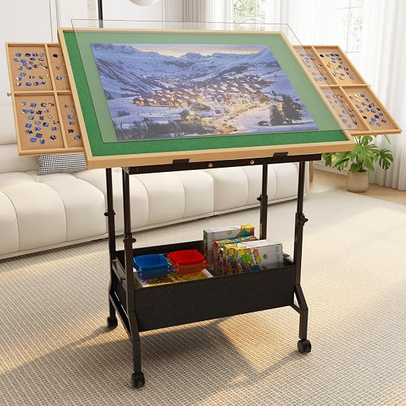 1500 Pcs Adjustable Puzzle Table & Tilting Angles, Drawers, Cover for Adult | Rolling Puzzle Board with Adjustable Height & Angles, Add 2 Sliding Drawers, Extra Storage Drawer for Your Puzzle