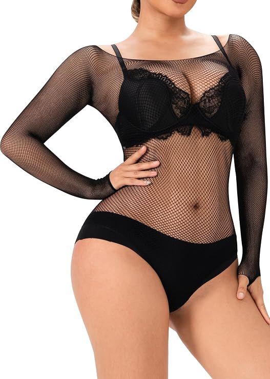 Fishnet Bodysuit Tops Women Mesh Lingerie Long Sleeve Mesh One Piece Body Suit