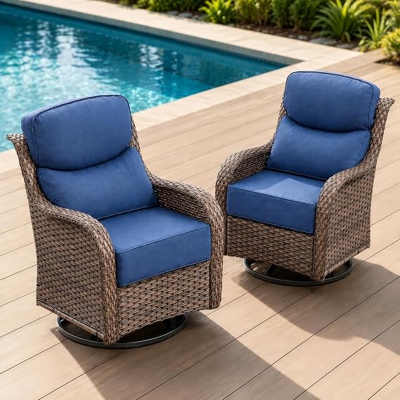 HUMMUH 2 Piece Wicker Swivel Rocker Chairs, 6-Inch Cushions, Brown/Blue