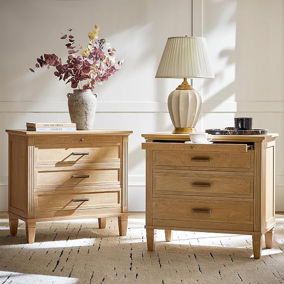 HULALA HOME Farmhouse End Table with Charging Station, Pull-Out Tray, 3 Drawers End Table with Solid Wood Legs, Wood Veneer Side Table with Open Shelf Set of 2, Natural